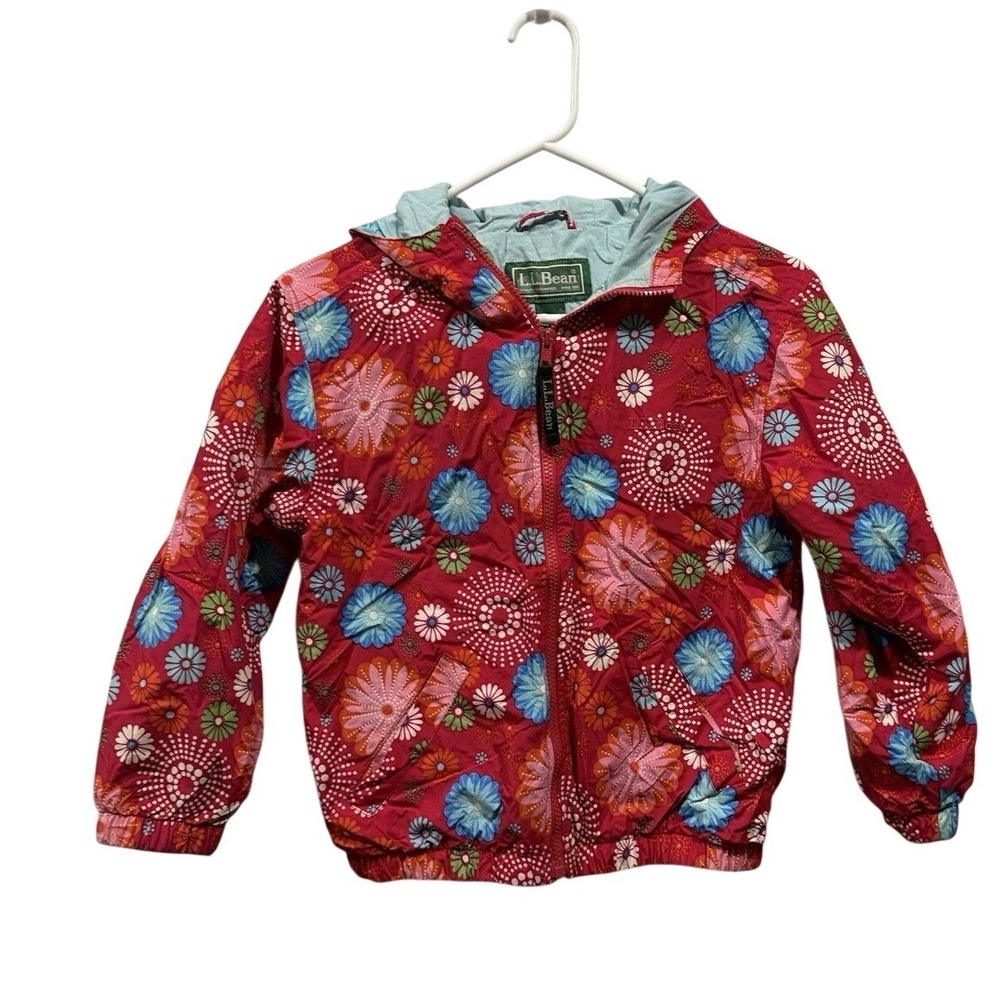 LLBean Girls Red Floral Print Hooded Rain Jacket‎ Coat Size S 8 Lightweight